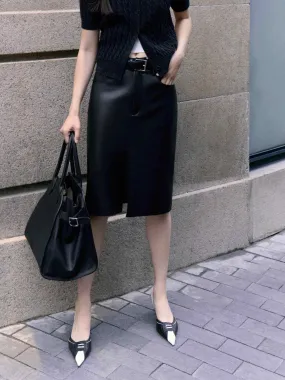 PU Leather Slit Skirt