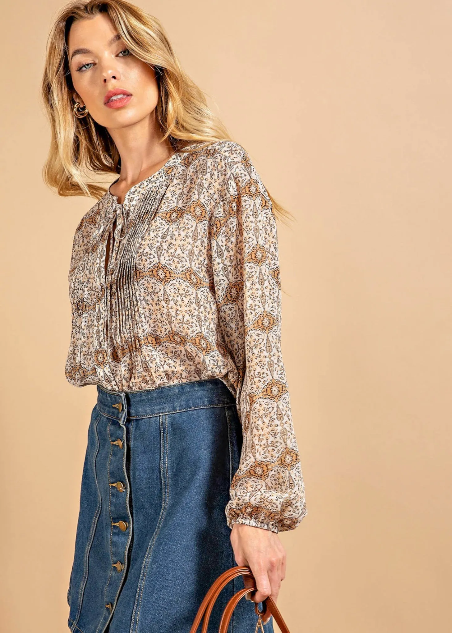 Rachel, Womens Pintuck Tunic, Button Front,  Long Sleeve, Taupe Print