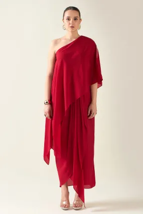 Red Alloy Metallic Embellished Drape Dress