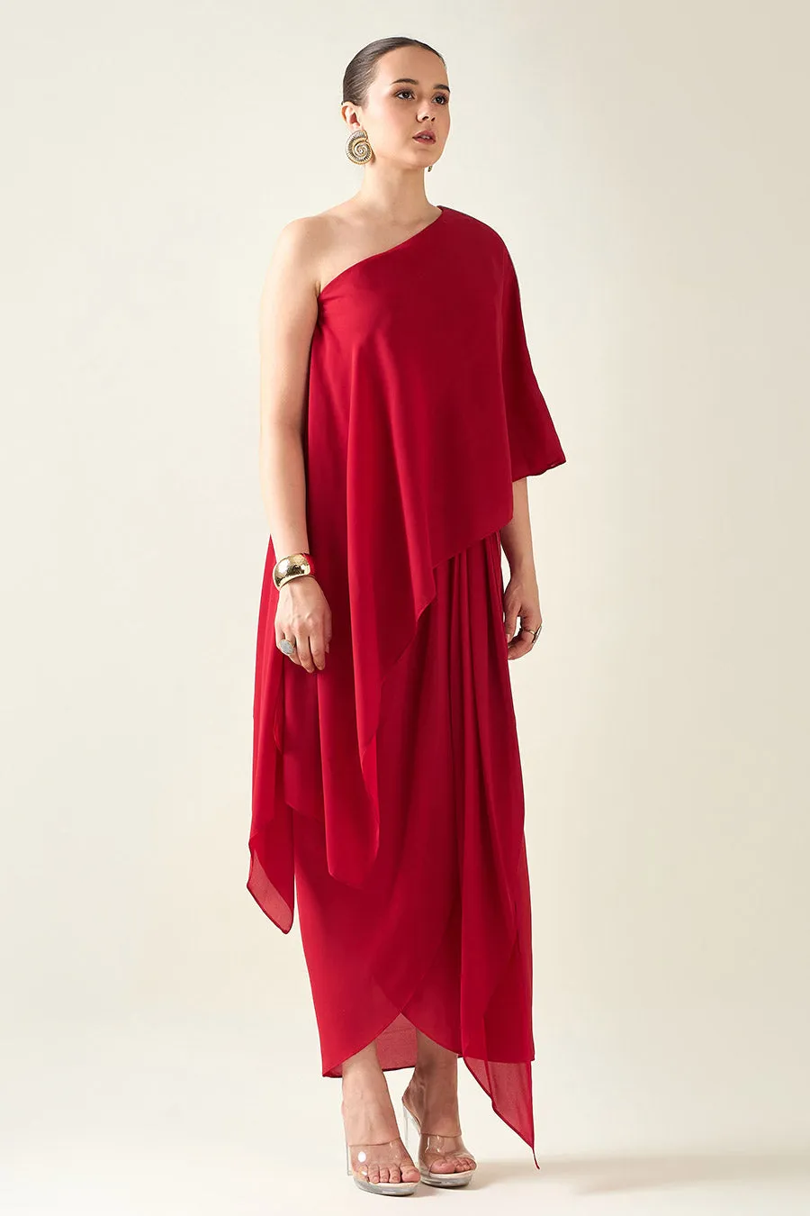 Red Alloy Metallic Embellished Drape Dress