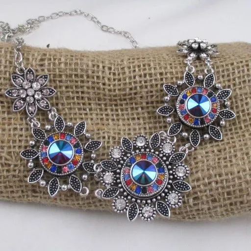 Red & Blue Crystal Flower Multi Charm Necklace