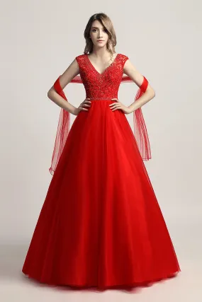 Red V-neck Beaded Long Formal A-line Prom Dress