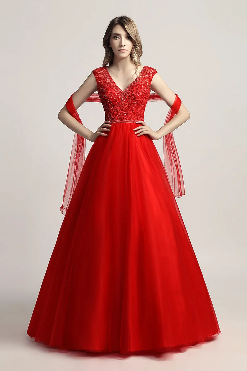 Red V-neck Beaded Long Formal A-line Prom Dress
