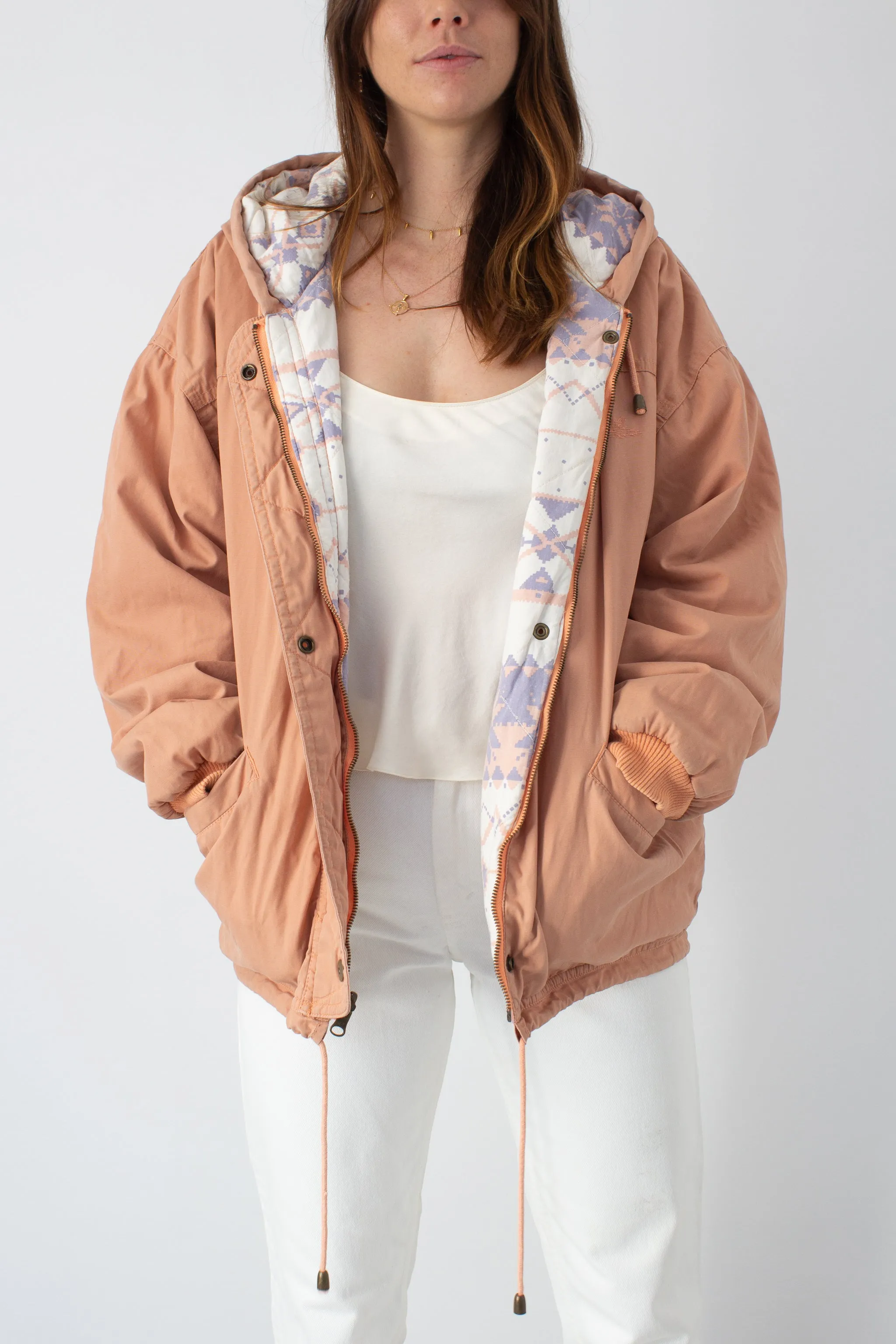 Reversible Peach Print Hooded Jacket - Free Size