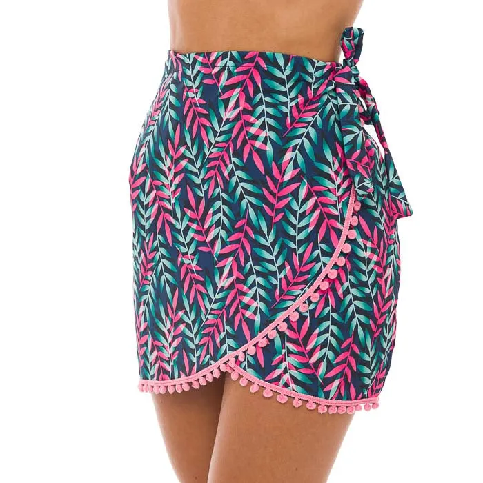 Royal Blue Neon Leaves Swim Cover Up Pareo Skirt