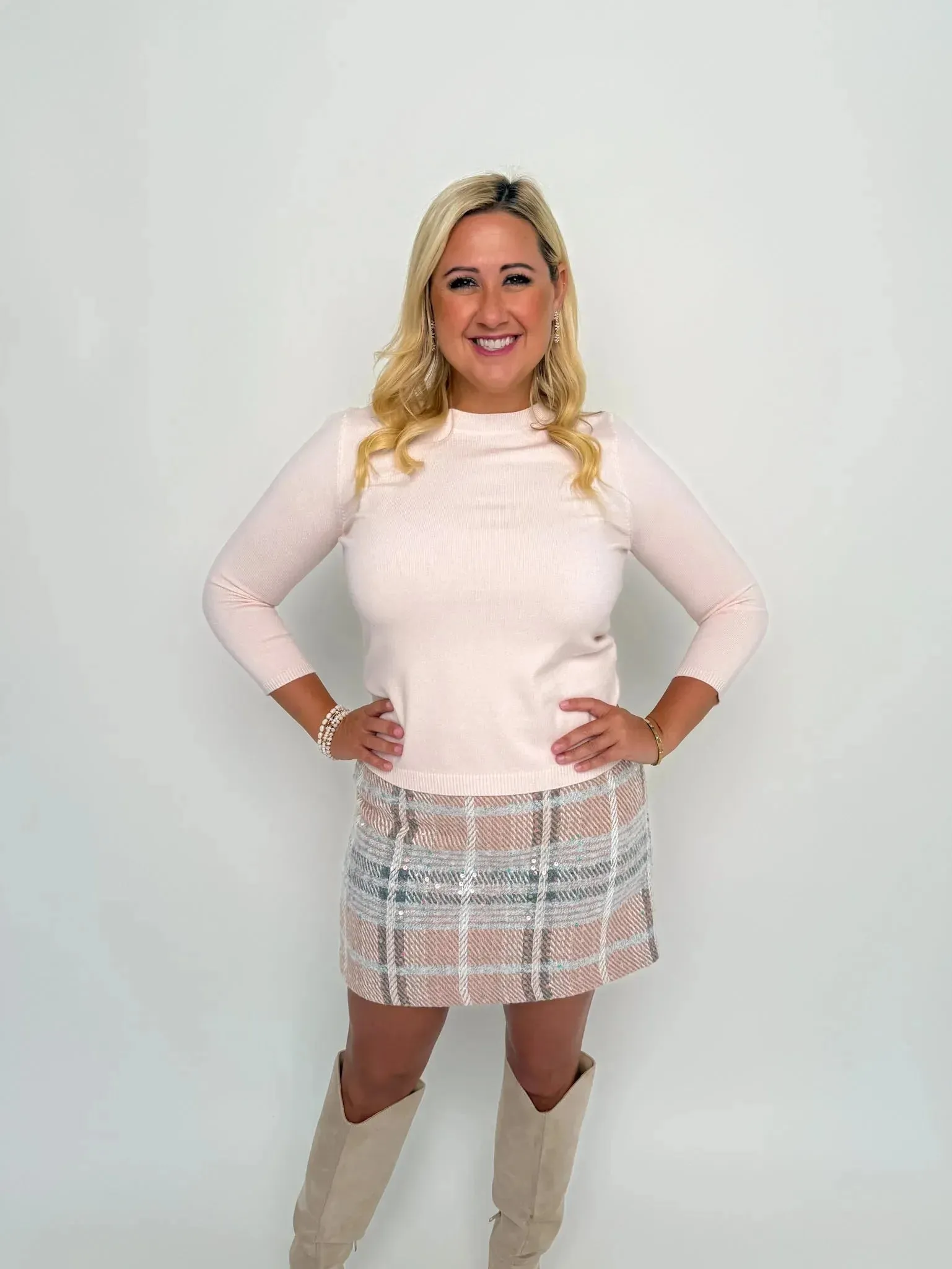 Sequin Blush Plaid Skirt
