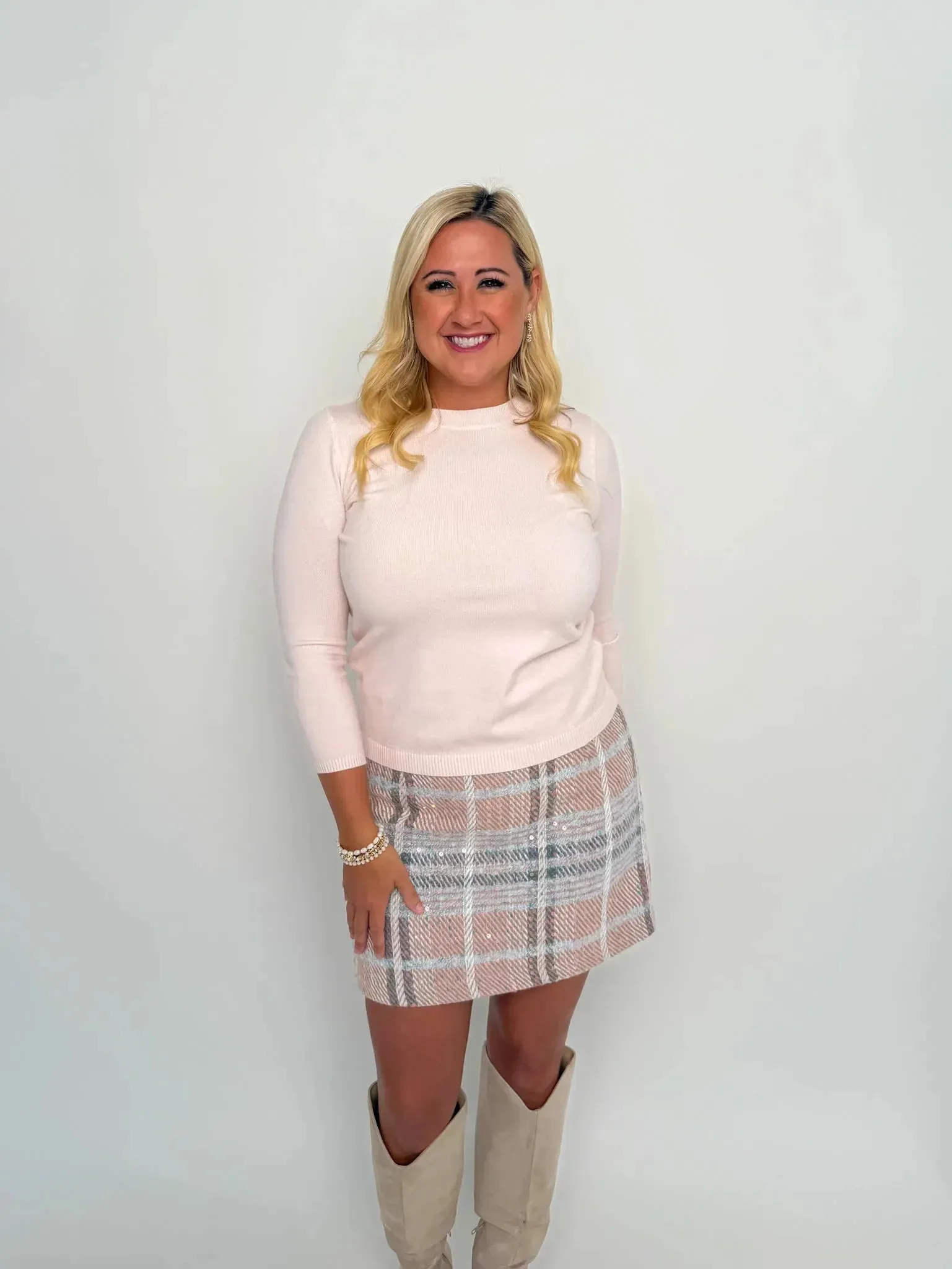 Sequin Blush Plaid Skirt