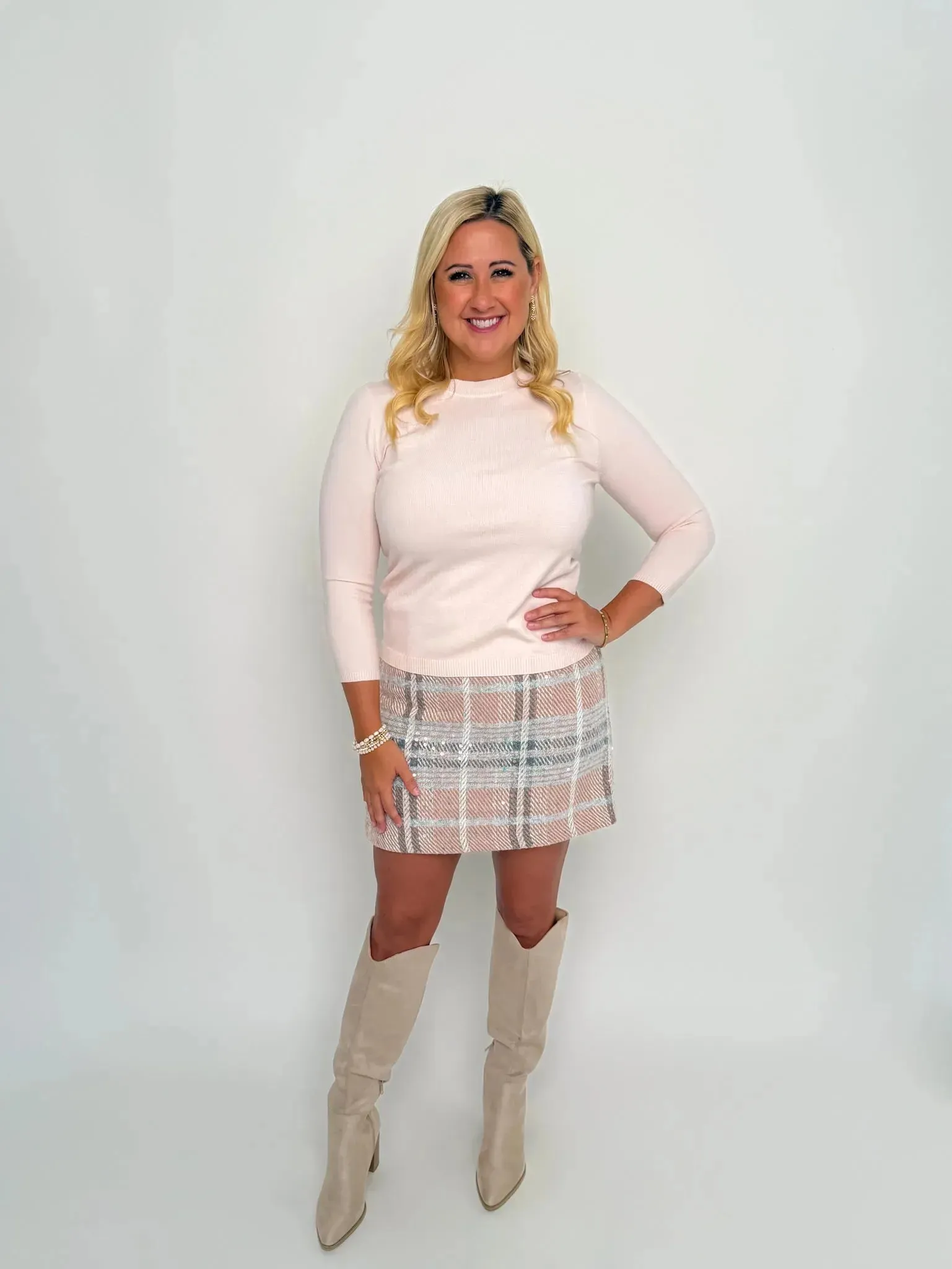 Sequin Blush Plaid Skirt