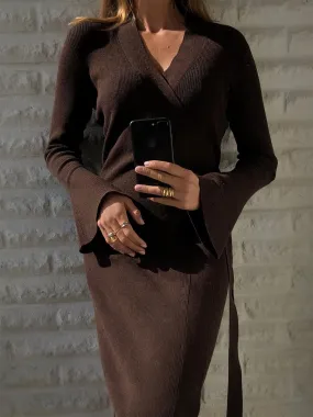 Sexy V-neck Slim Fit Flared Sleeve Knitted Sweater Dress