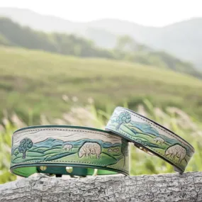 Shepherd's Meadow -  Custom tooled leather dog collar with country / farm design.
