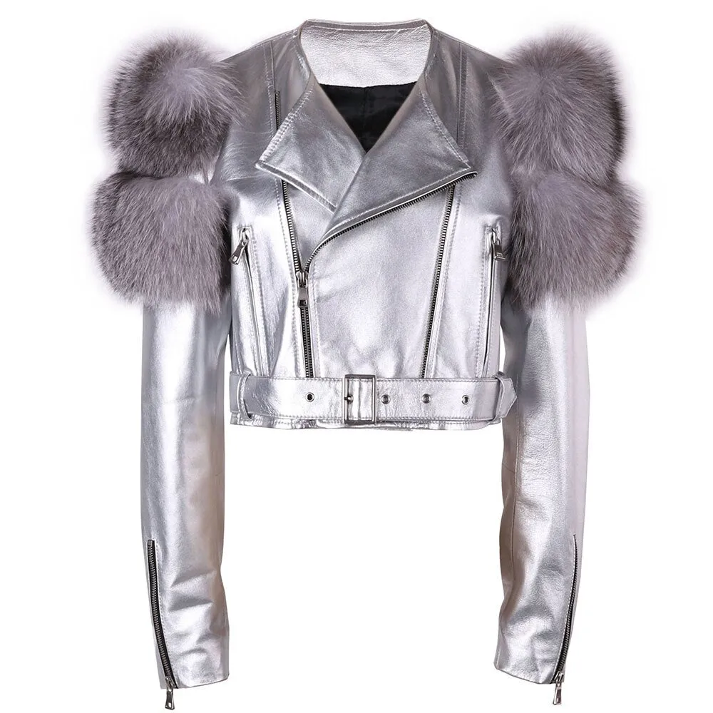 Shiny Leather Jacket Real Fox Fur Sleeve