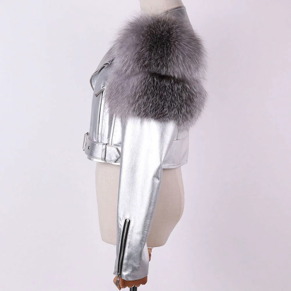 Shiny Leather Jacket Real Fox Fur Sleeve