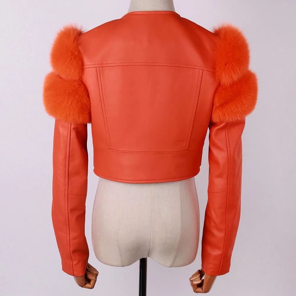 Shiny Leather Jacket Real Fox Fur Sleeve