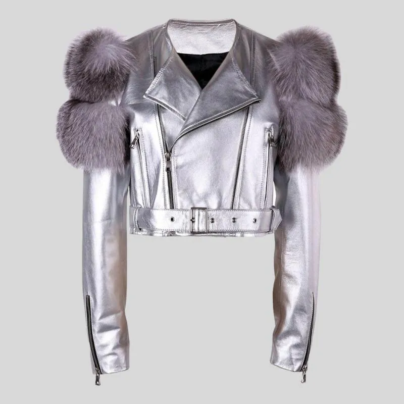 Shiny Leather Jacket Real Fox Fur Sleeve