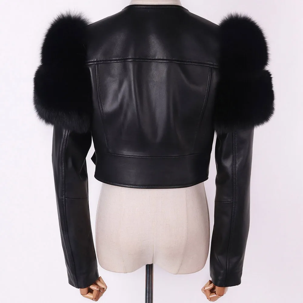 Shiny Leather Jacket Real Fox Fur Sleeve