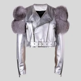 Shiny Leather Jacket Real Fox Fur Sleeve