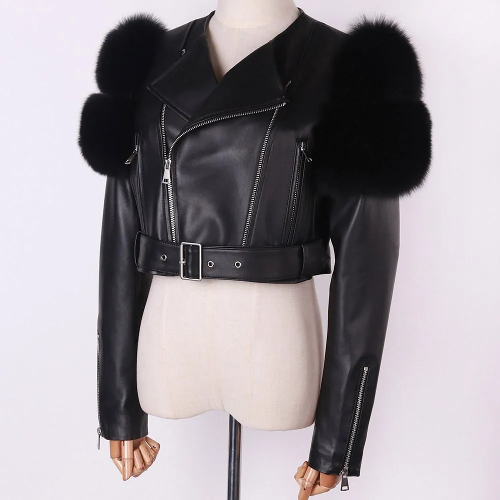 Shiny Leather Jacket Real Fox Fur Sleeve