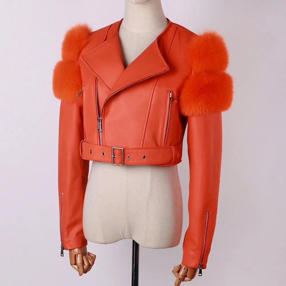 Shiny Leather Jacket Real Fox Fur Sleeve