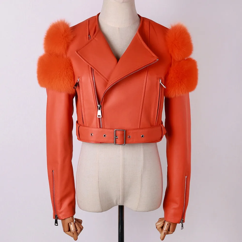Shiny Leather Jacket Real Fox Fur Sleeve
