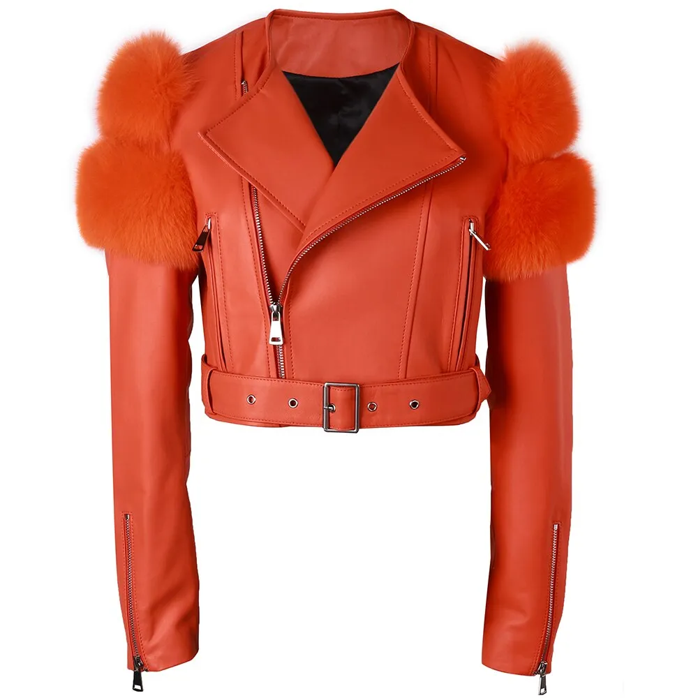 Shiny Leather Jacket Real Fox Fur Sleeve