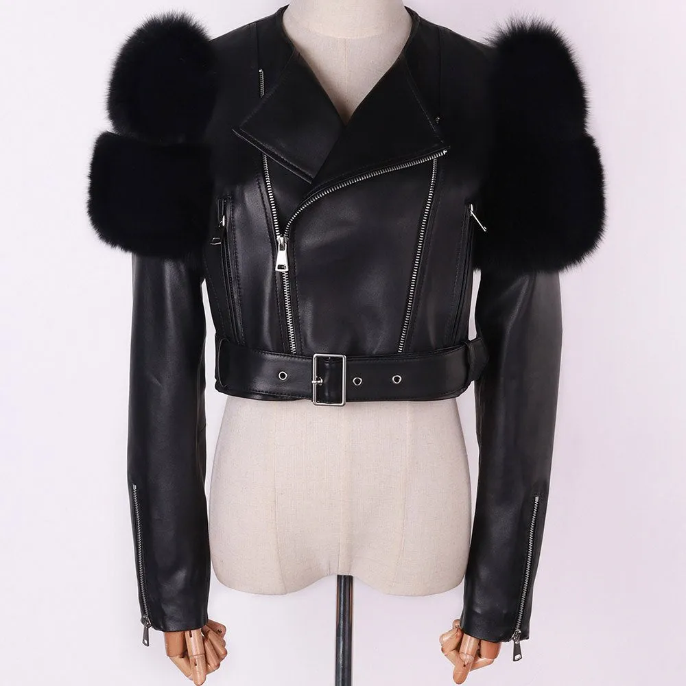 Shiny Leather Jacket Real Fox Fur Sleeve