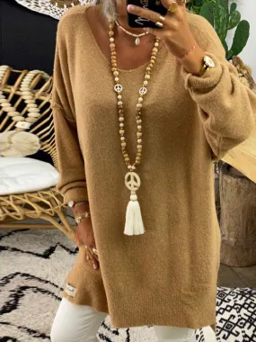 Simple Solid Color Long Knitted Sweater Dress