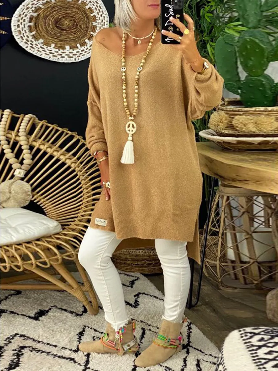Simple Solid Color Long Knitted Sweater Dress