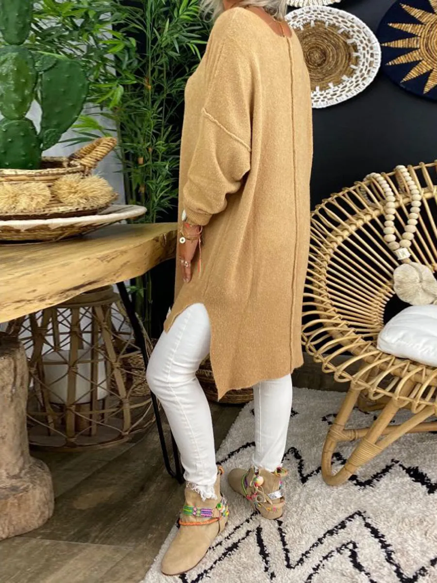 Simple Solid Color Long Knitted Sweater Dress