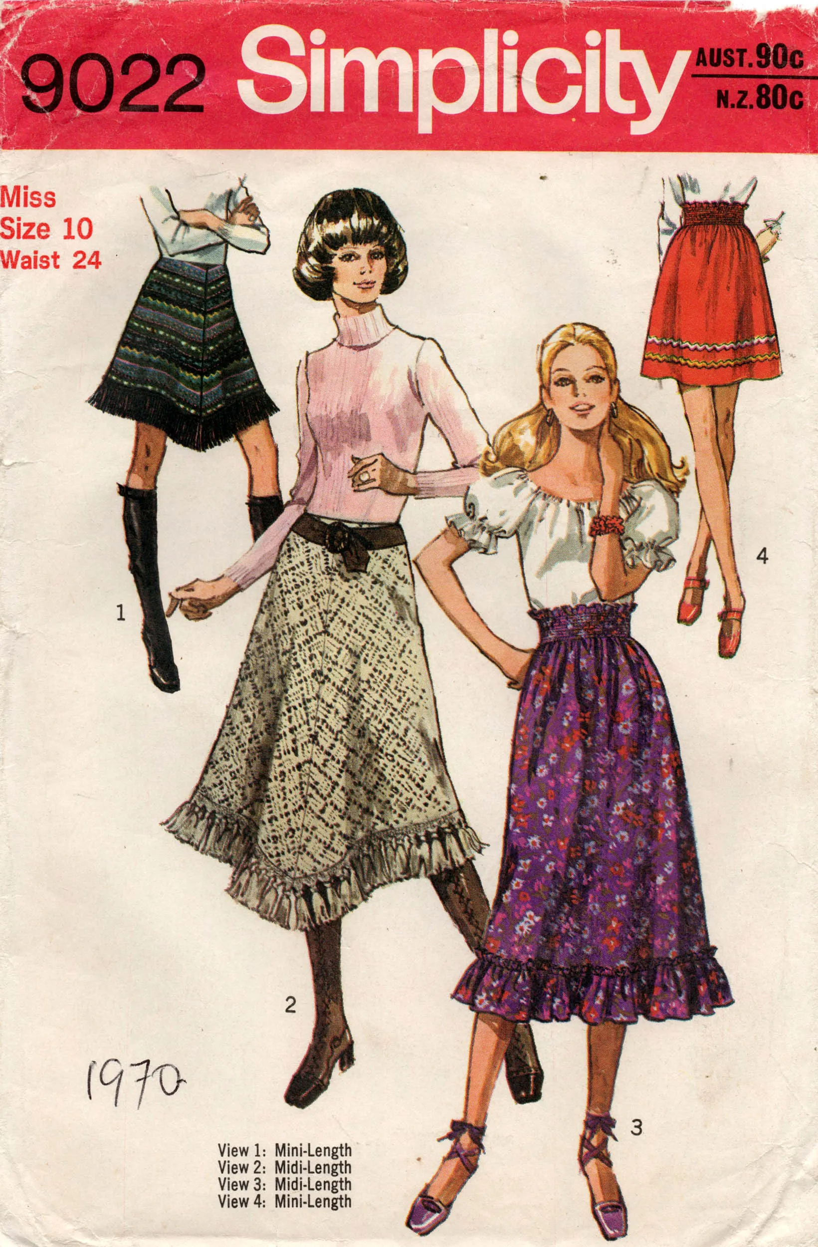 Simplicity 9022 Womens Hippie Skirts Fringes Ruffles Rick Rack 1970s Vintage Sewing Pattern Size 10