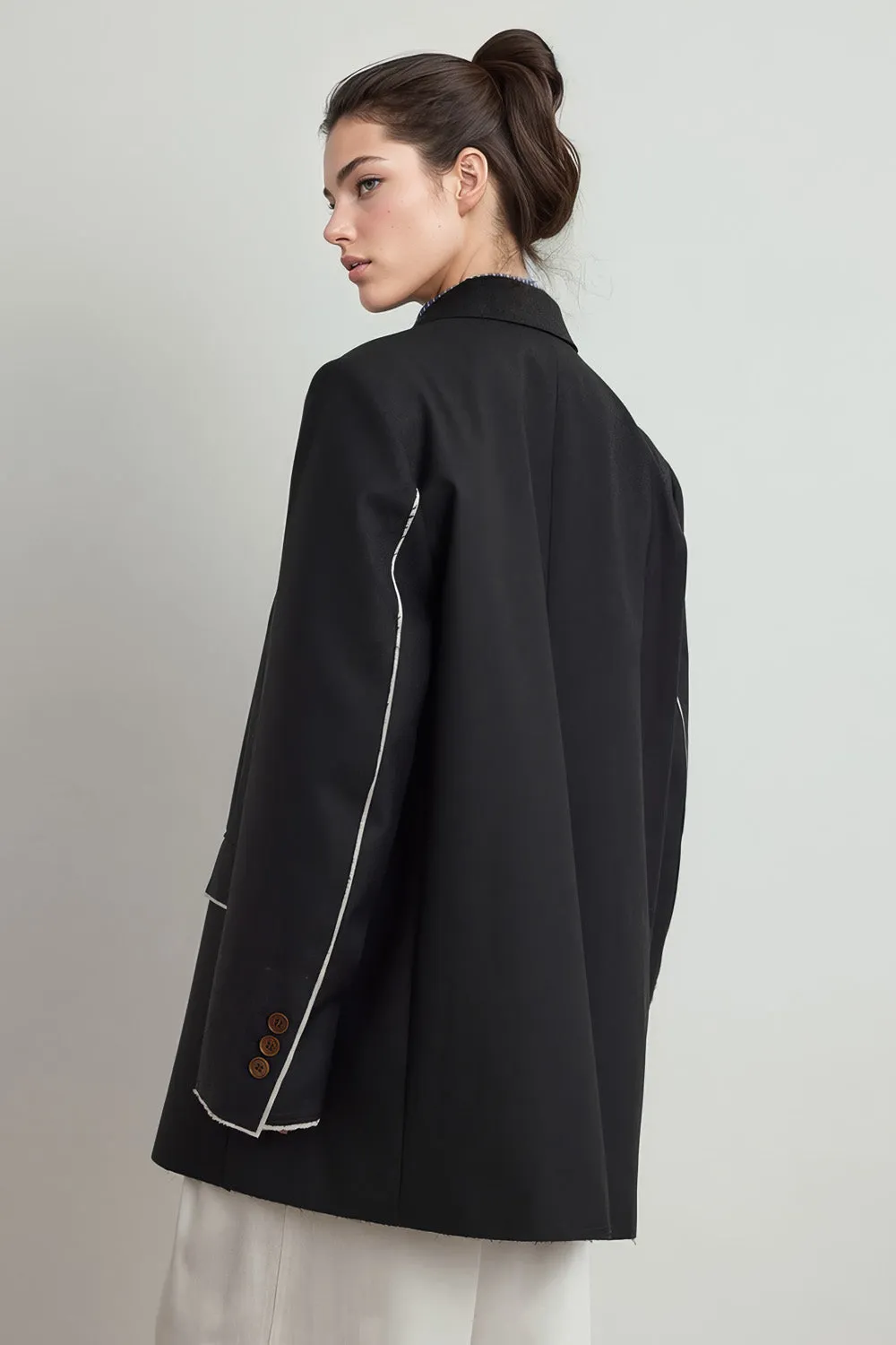 Single Breasted Blazer with Unfinished Hem - Dark Blue