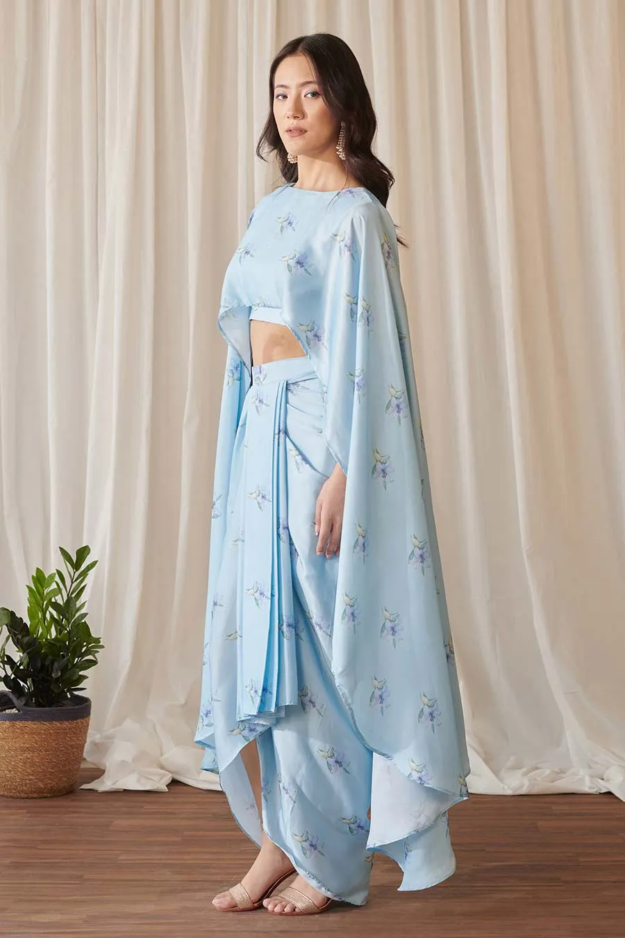 Sky Blue Floral Print Cape Top & Skirt Se