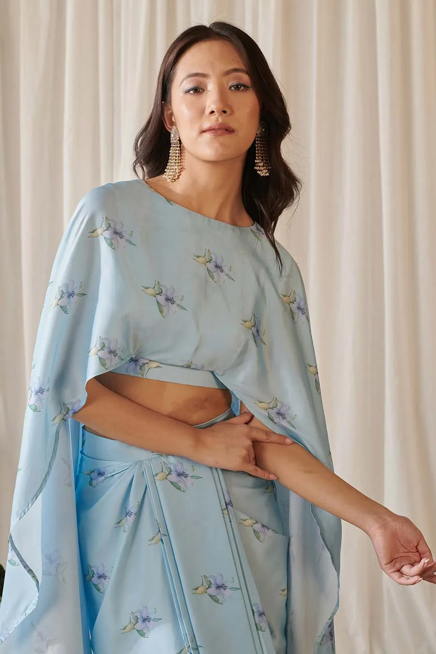 Sky Blue Floral Print Cape Top & Skirt Se