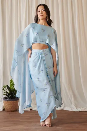Sky Blue Floral Print Cape Top & Skirt Se