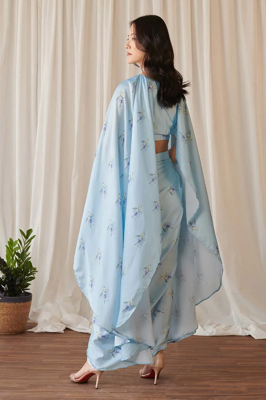 Sky Blue Floral Print Cape Top & Skirt Se