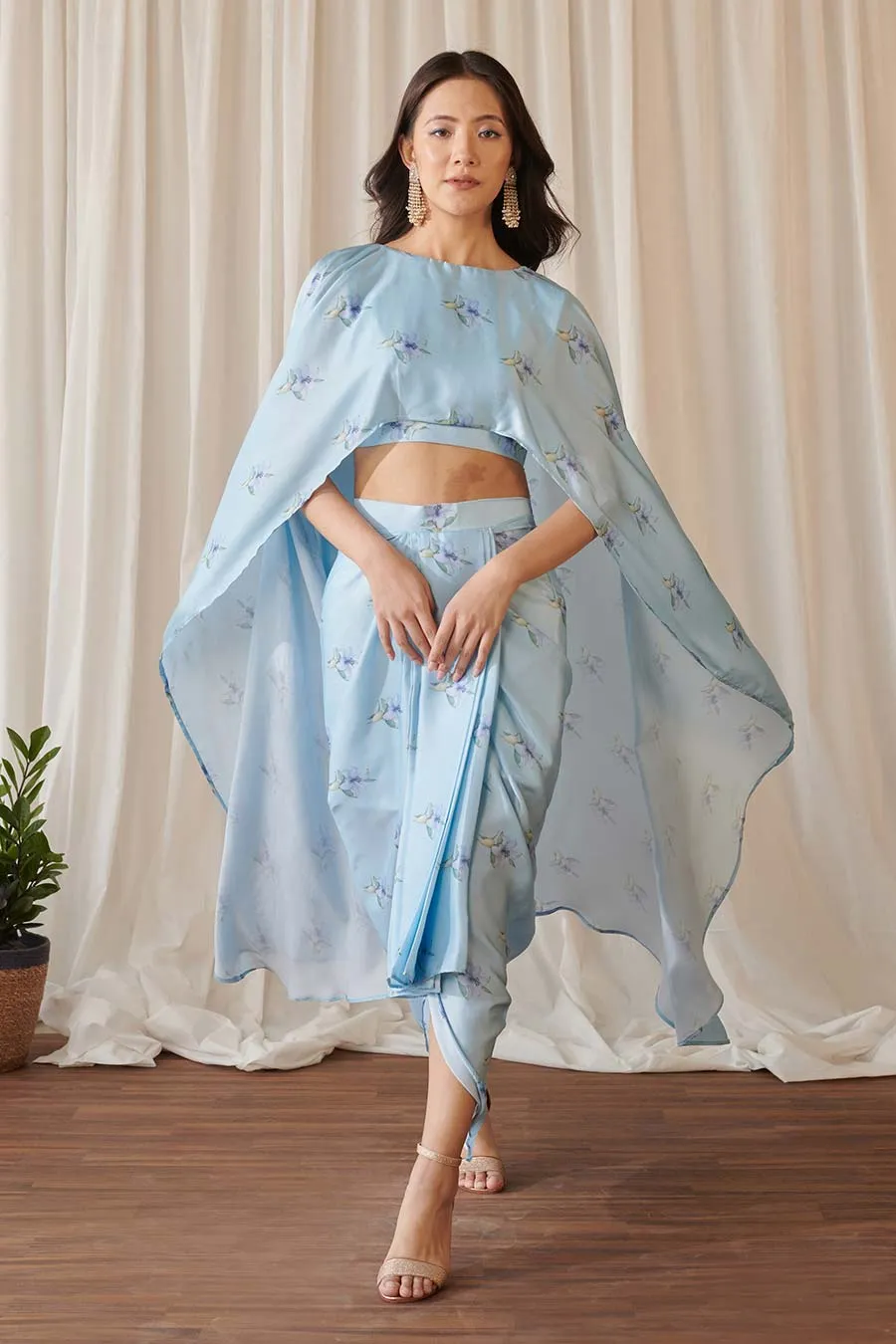 Sky Blue Floral Print Cape Top & Skirt Se