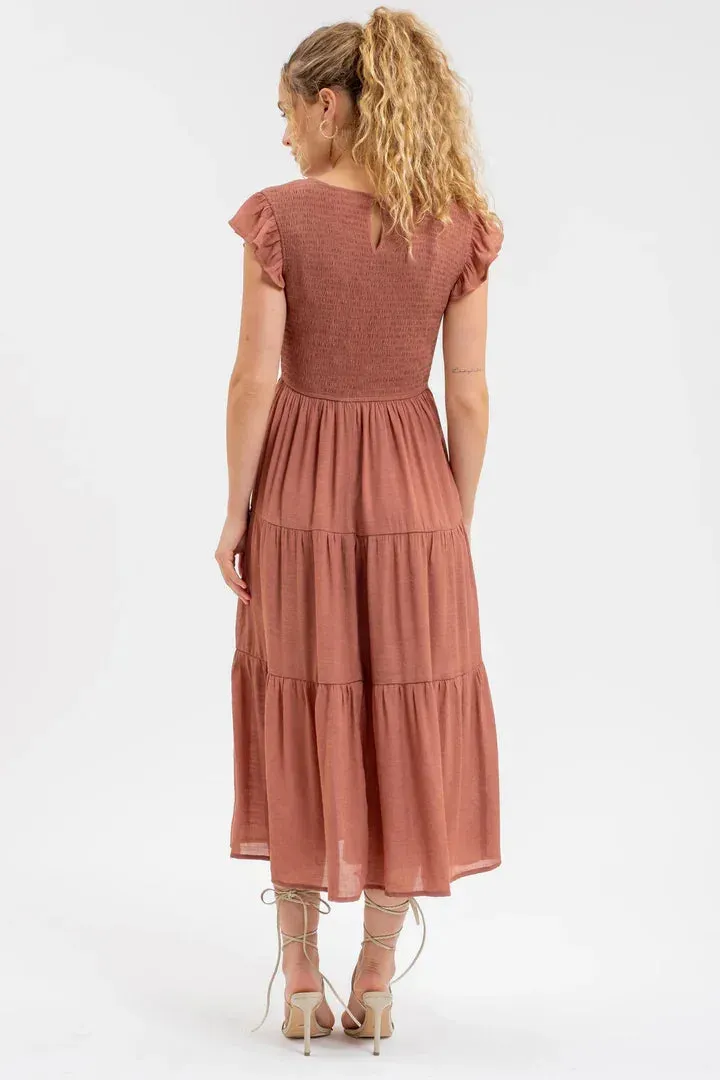 SMOCKED TIERED MIDI DRESS