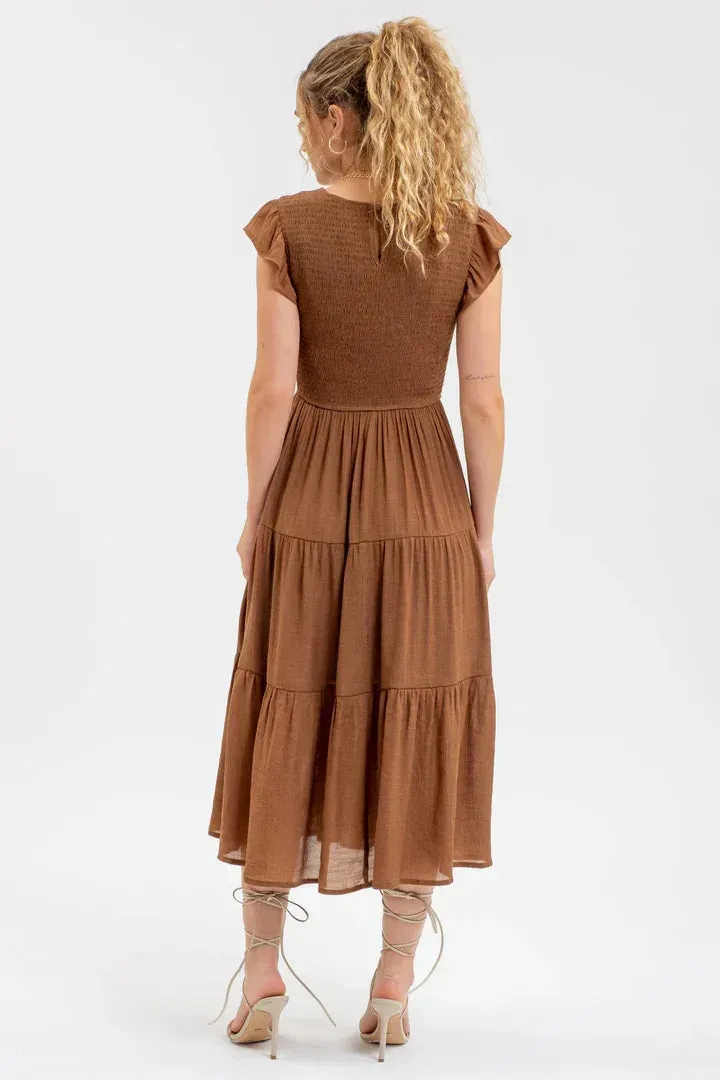 SMOCKED TIERED MIDI DRESS