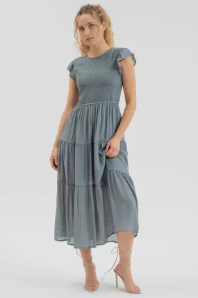 SMOCKED TIERED MIDI DRESS