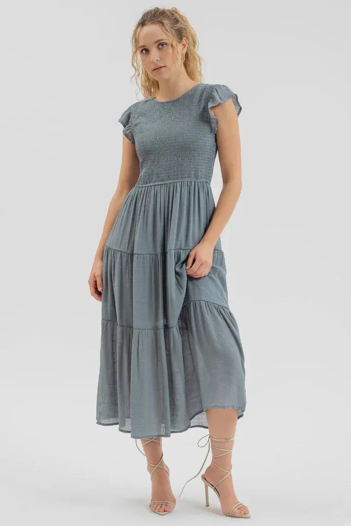 SMOCKED TIERED MIDI DRESS