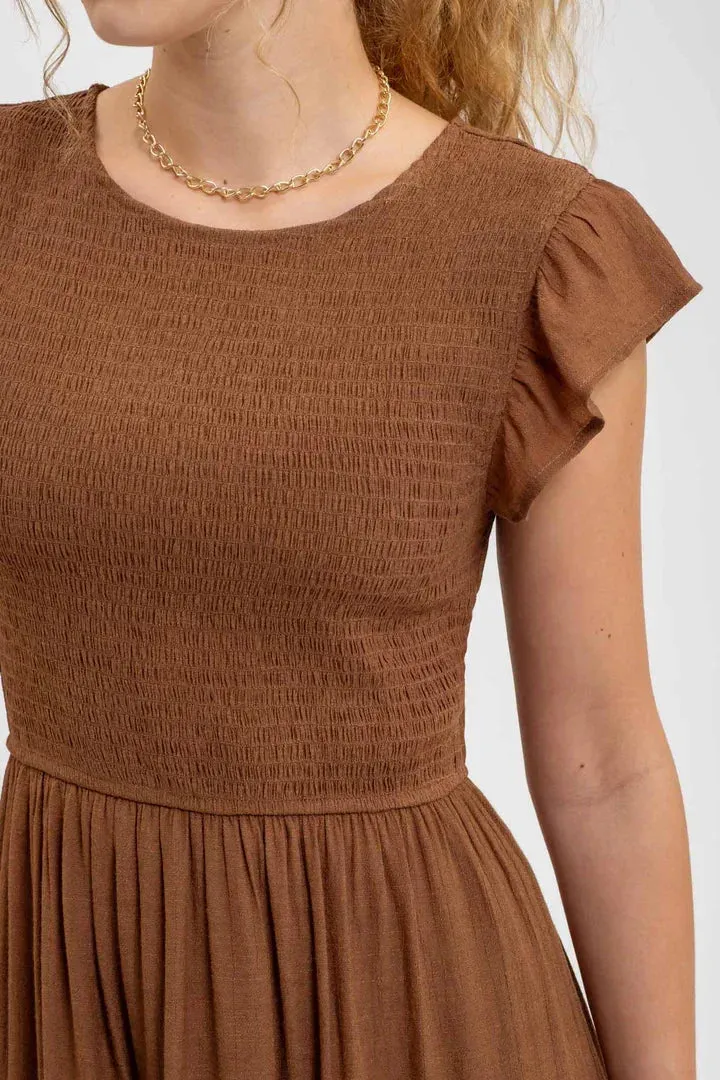 SMOCKED TIERED MIDI DRESS