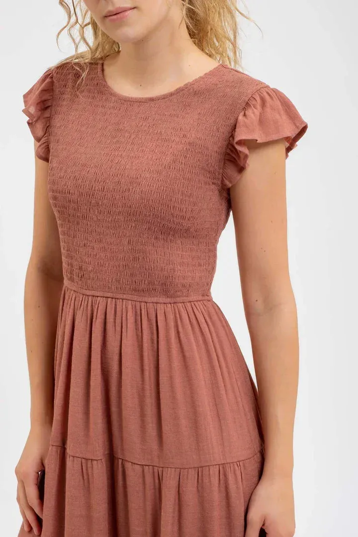 SMOCKED TIERED MIDI DRESS