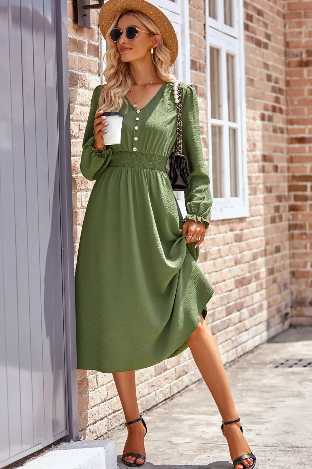 Smocked V-Neck Flounce Sleeve Midi Dress | Casual Dress