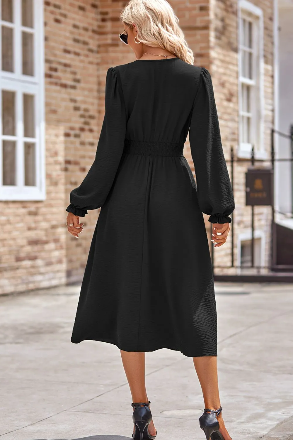 Smocked V-Neck Flounce Sleeve Midi Dress | Casual Dress