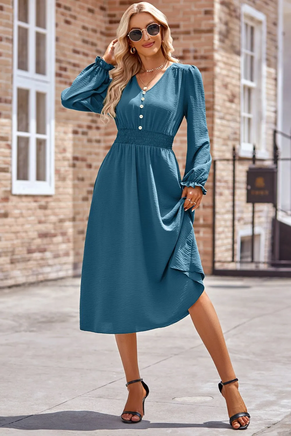 Smocked V-Neck Flounce Sleeve Midi Dress | Casual Dress