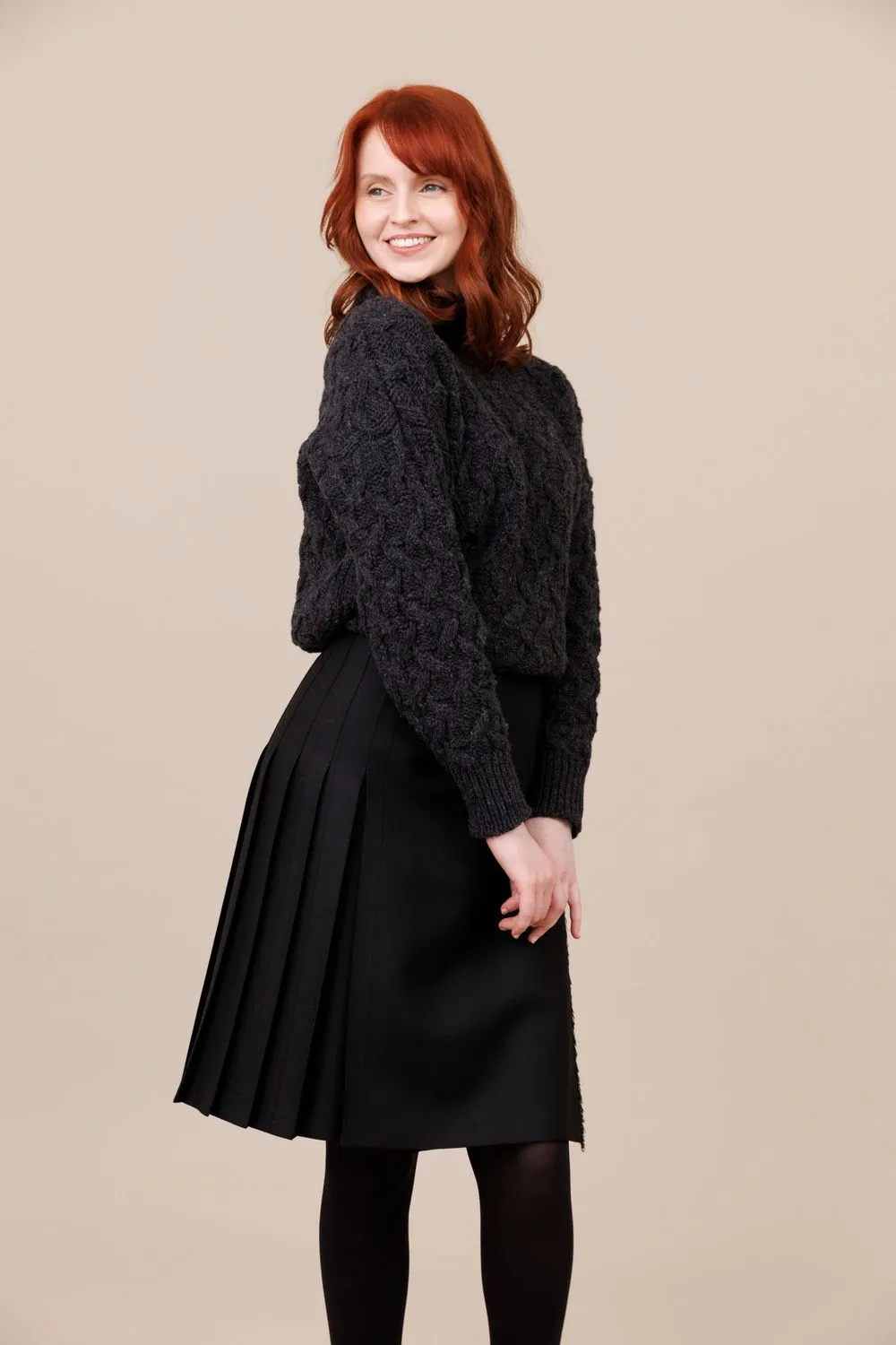 Solid Black 100% Worsted Wool Midi Kilt