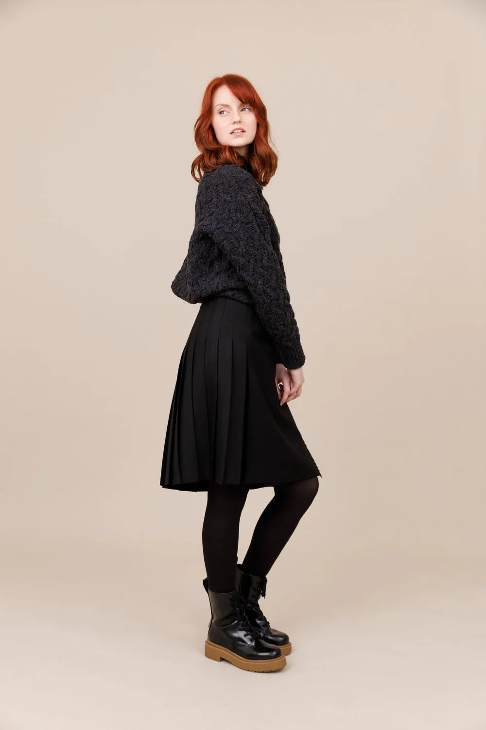 Solid Black 100% Worsted Wool Midi Kilt