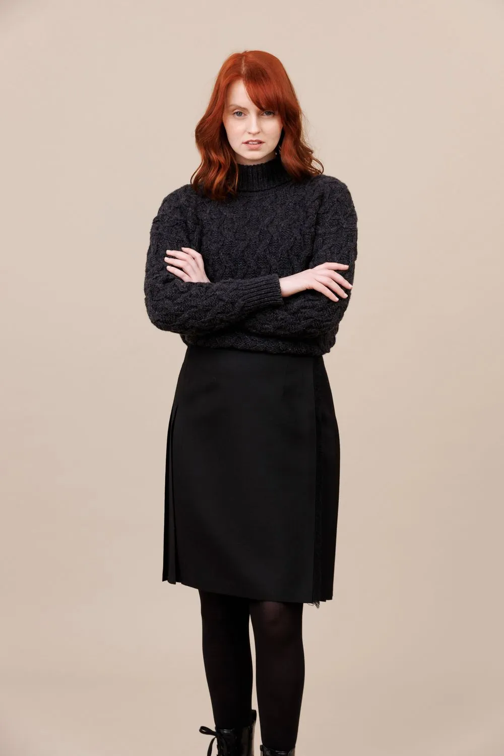 Solid Black 100% Worsted Wool Midi Kilt