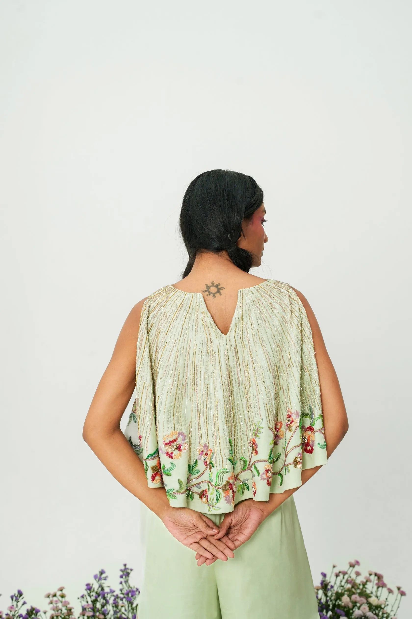 Sravana-Pastel Green Cape And Pant Set