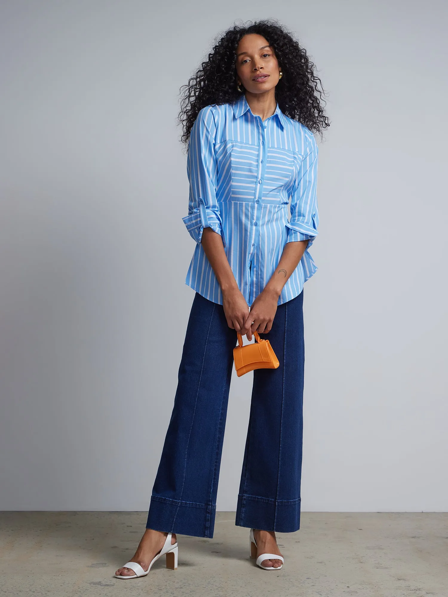Striped Poplin Corset Button-Front Tunic Top