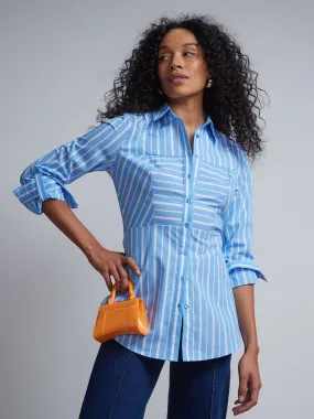 Striped Poplin Corset Button-Front Tunic Top